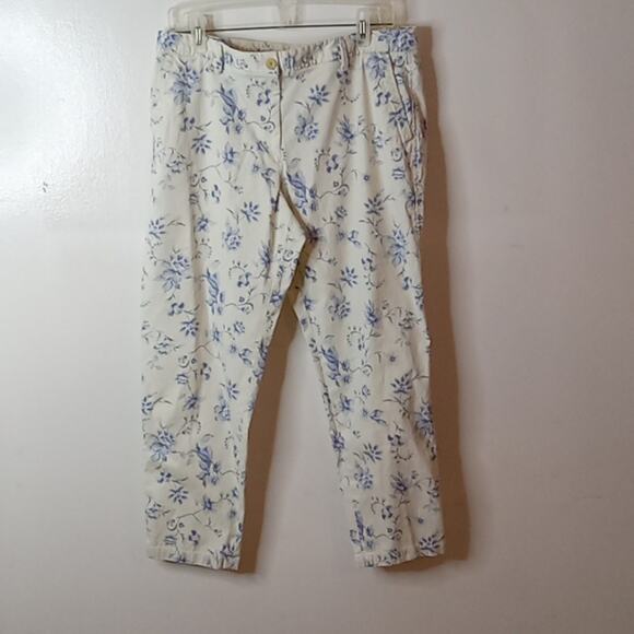 Talbots Flower Blue Cream Relaxed Chino Cotton Blend Pants Size 12P Beachy - Picture 1 of 9
